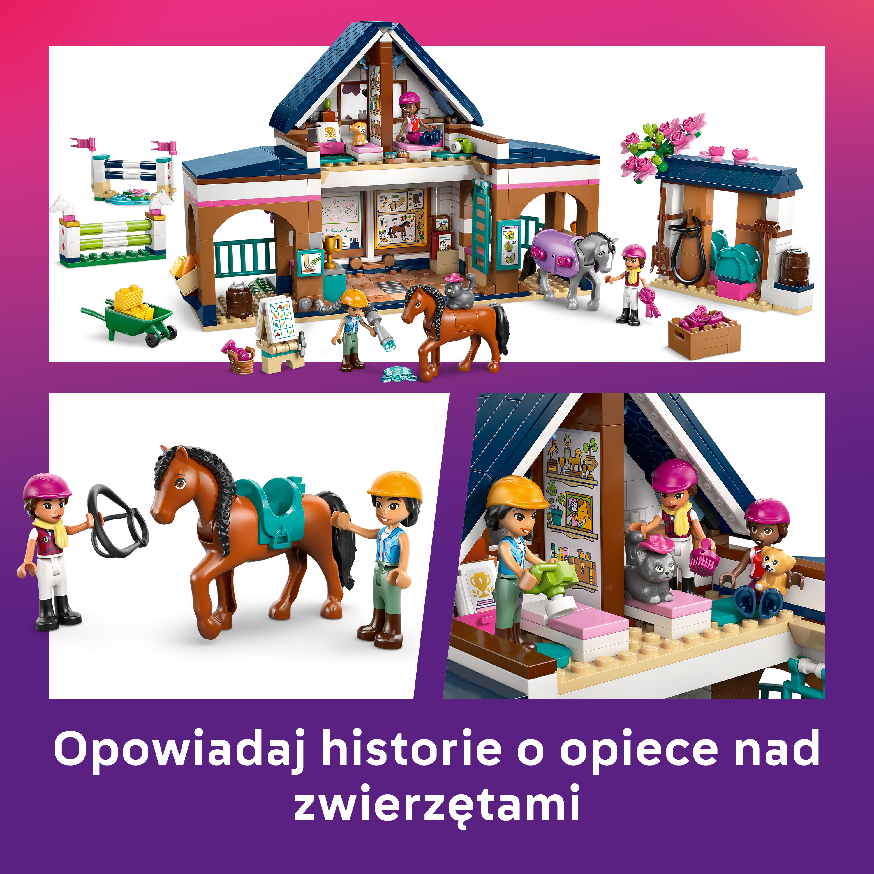 Stajnia dla koni Lego z figurkami, końmi i akcesoriami.