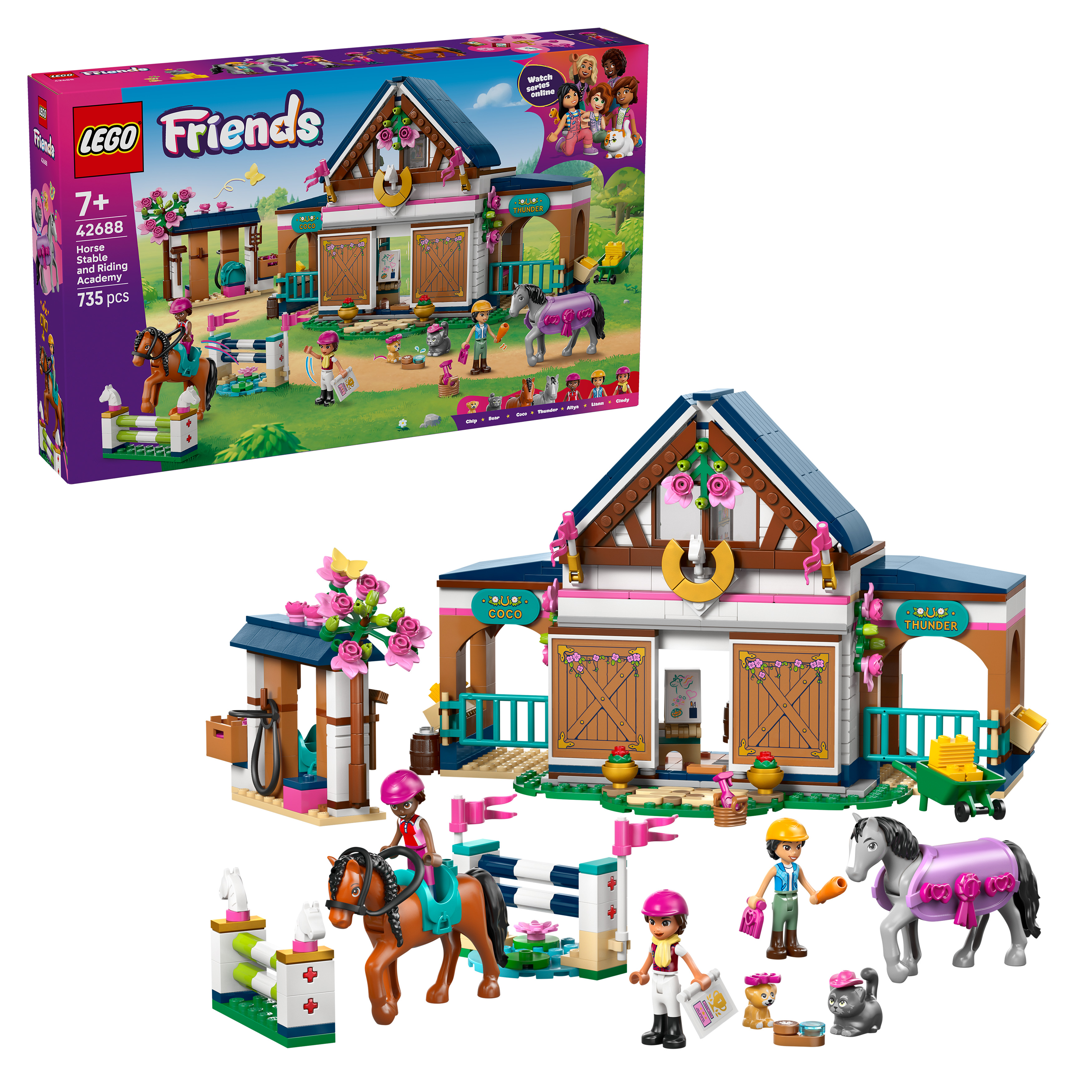 Zestaw stajni LEGO Friends z końmi, figurkami i akcesoriami.