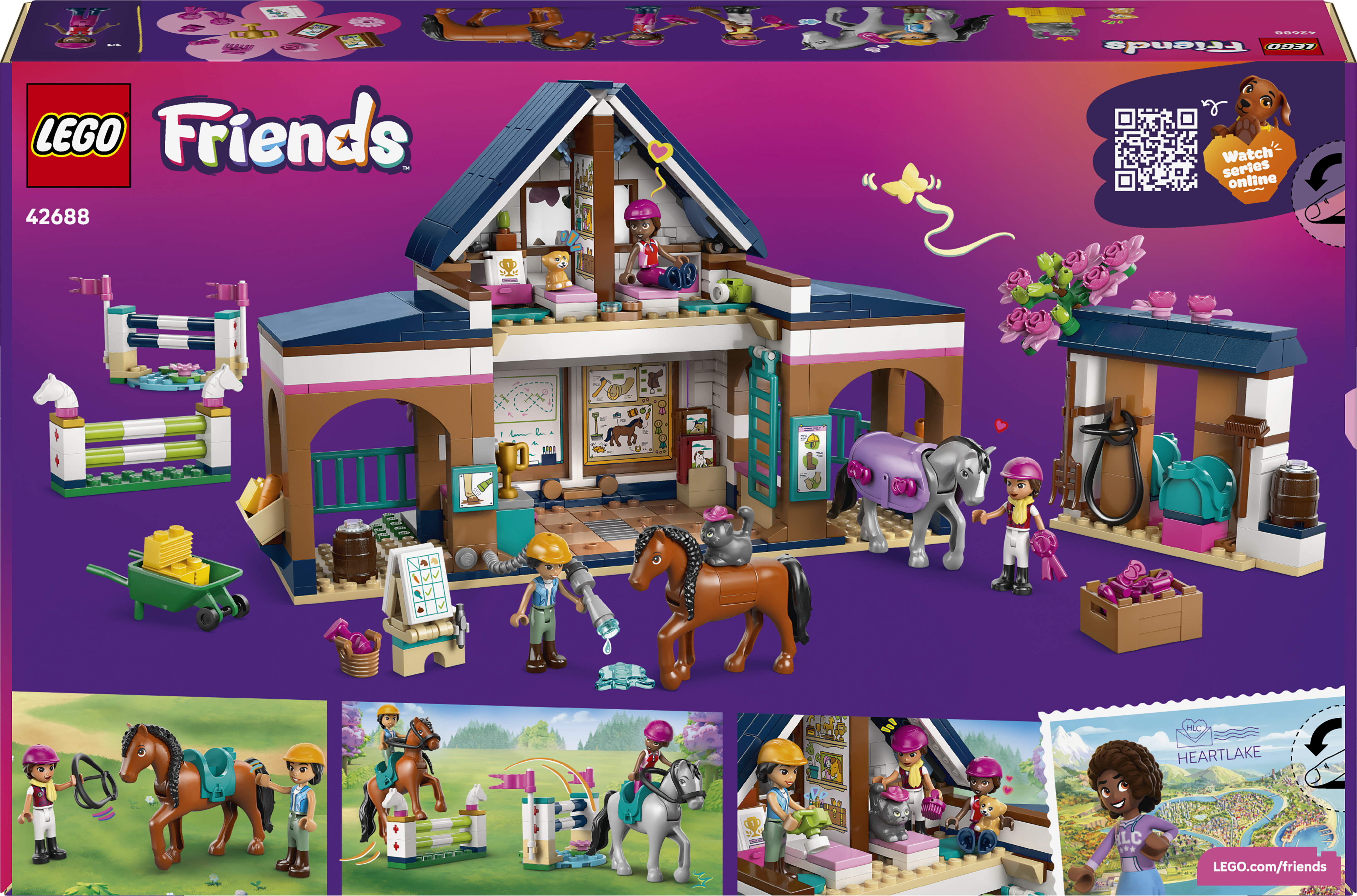 Stajnia Lego Friends z postaciami, końmi, płotami i akcesoriami.
