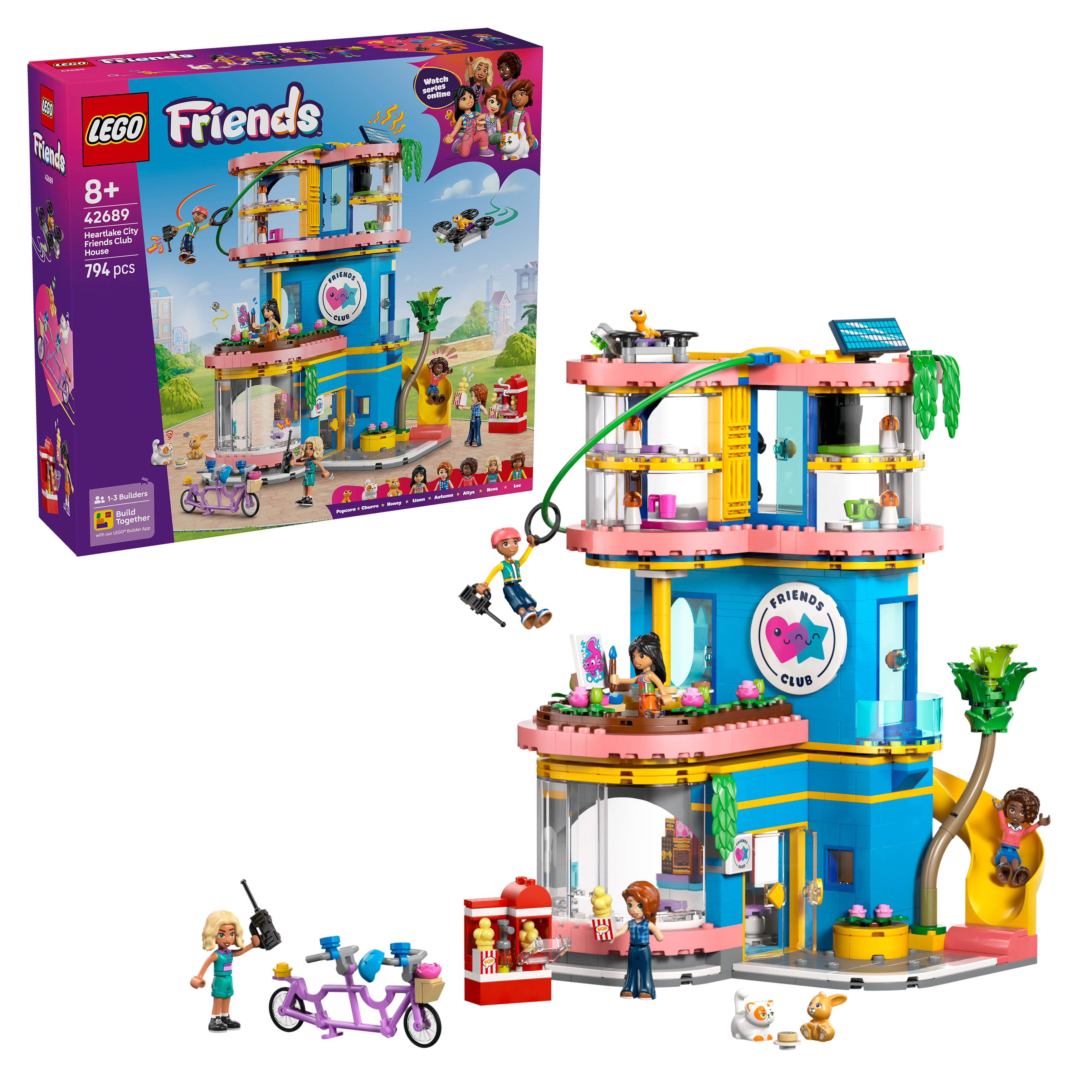 Dom klubu LEGO Friends z postaciami, rowerem, maszyną do popcornu i tyrolką.