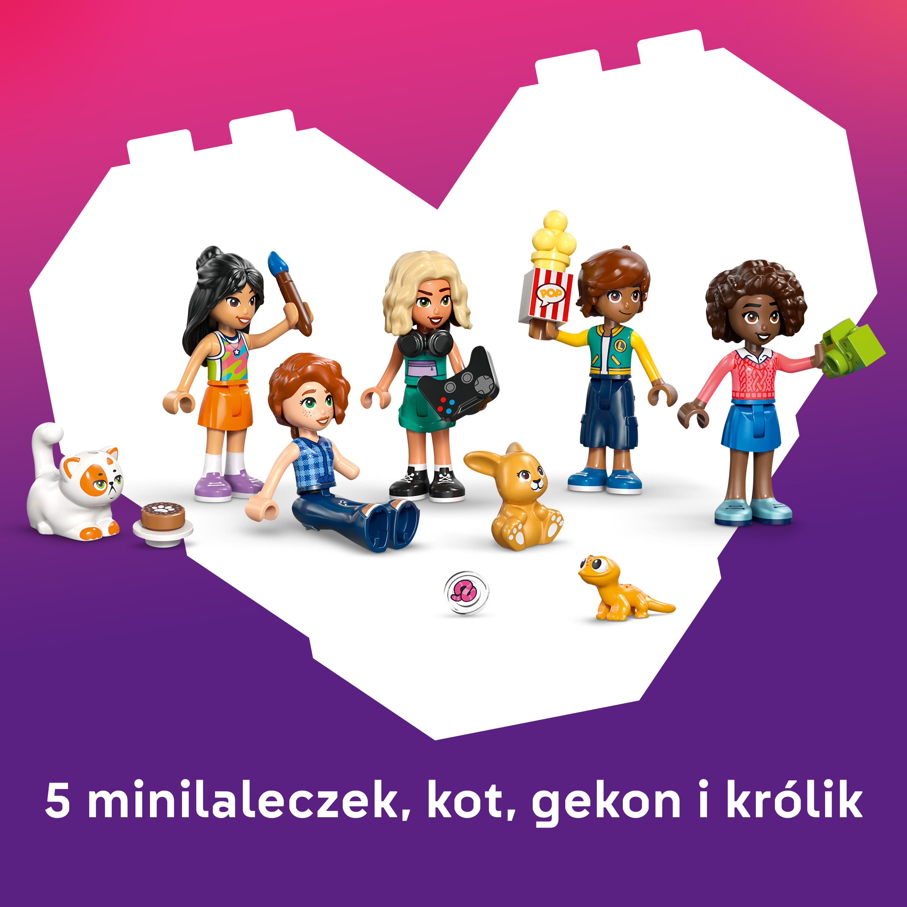 Pięć laleczek, kot, gekon i królik.