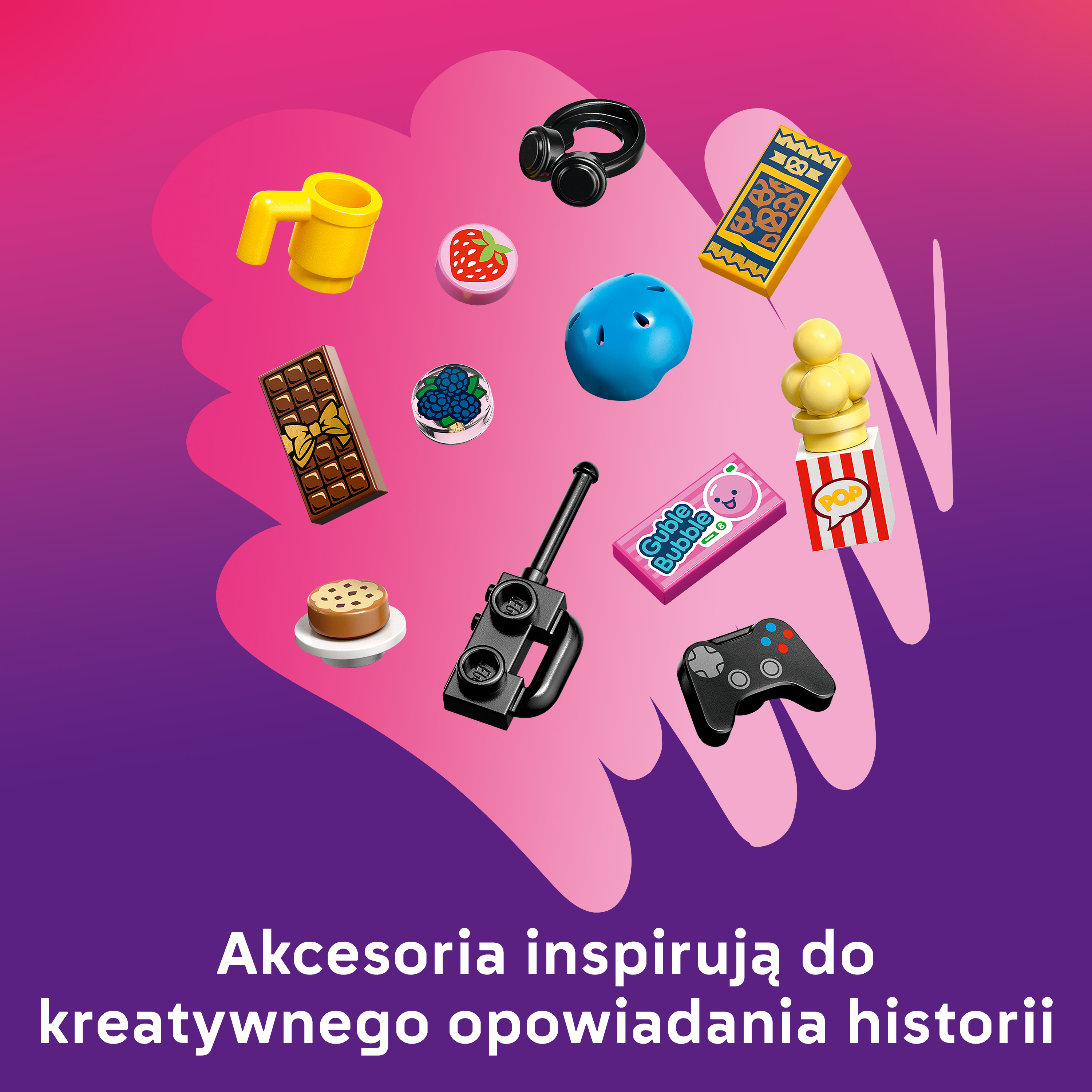 Zestaw kolorowych akcesoriów do zabawy: słuchawki, kubek, jagody, kontroler gier.