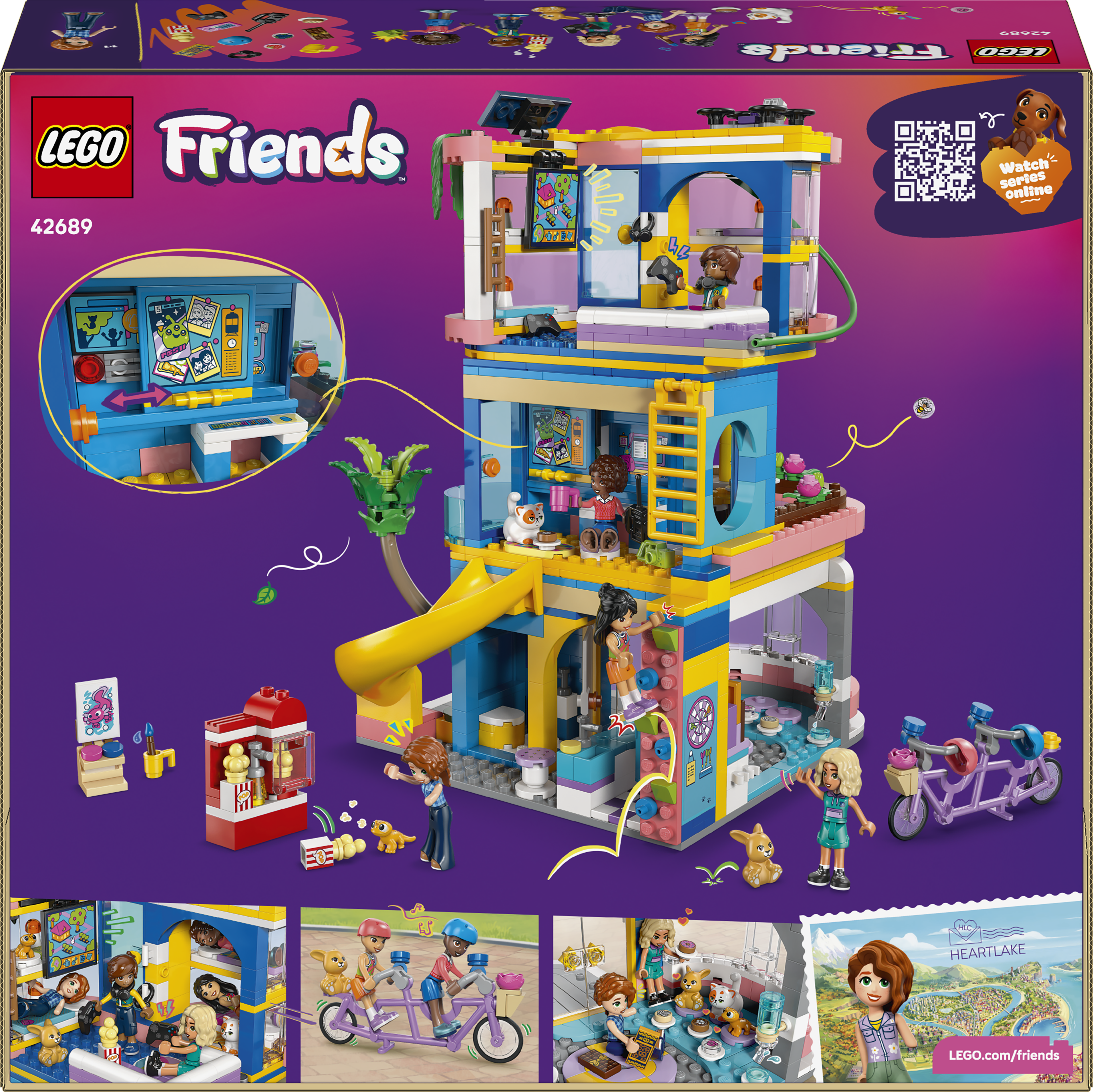Kolorowy zestaw Lego Friends z figurkami, domkiem, zjeżdżalnią i rowerami.