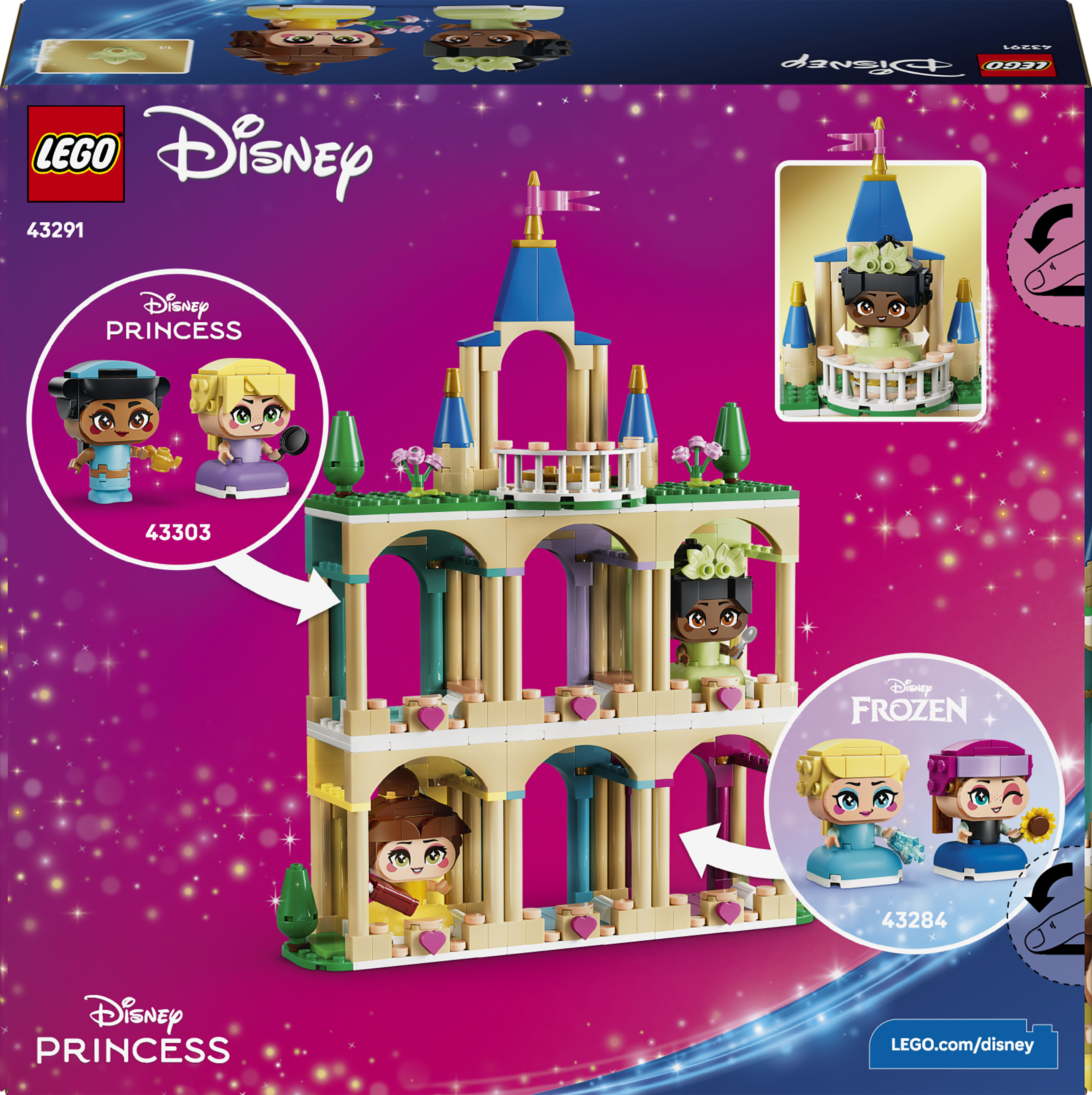 Zestaw zamku Lego Disney z figurkami, różowa i niebieska wieża, beżowa fasada.