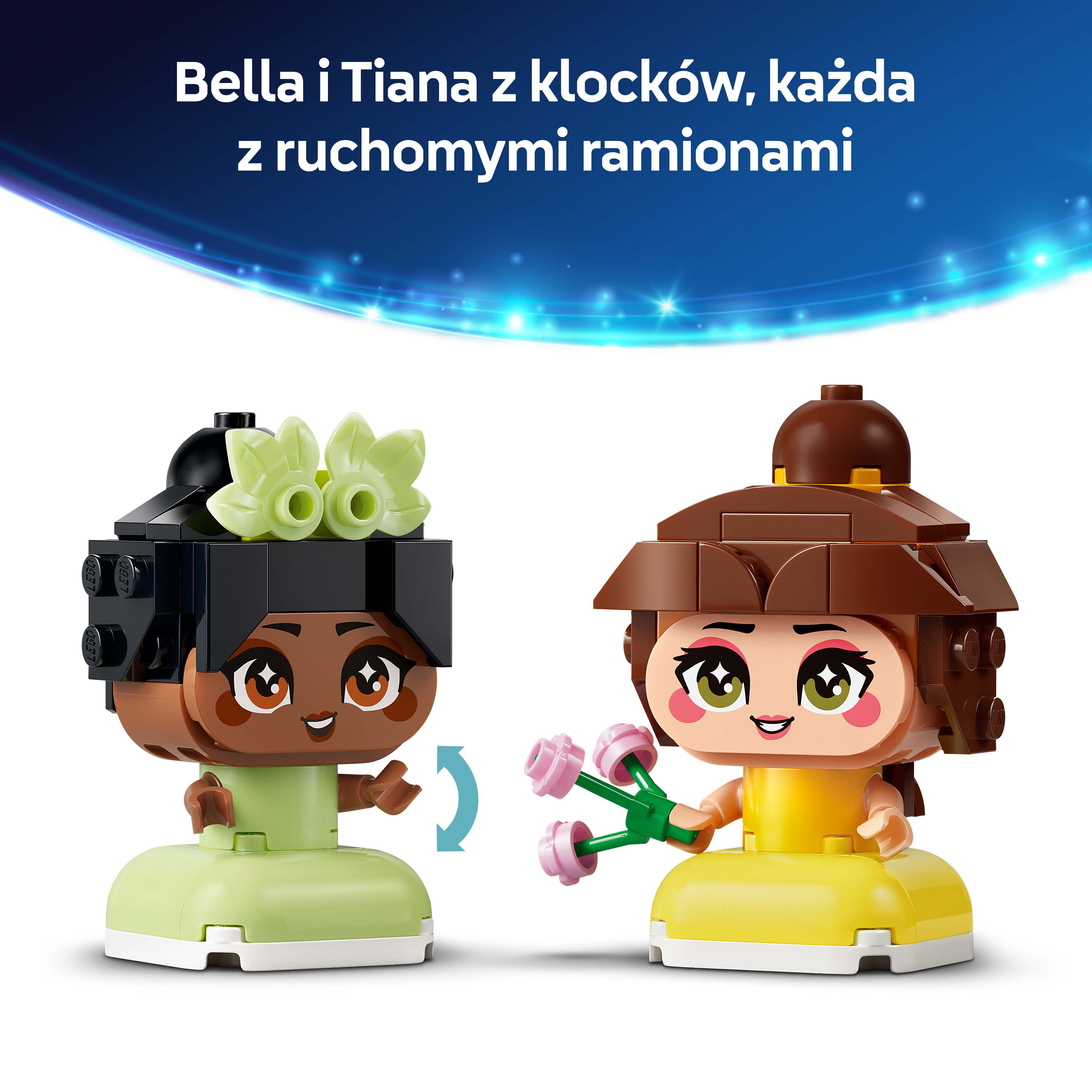 Dwie figurki Lego, Bella i Tiana, z ruchomymi ramionami i kwiatami.