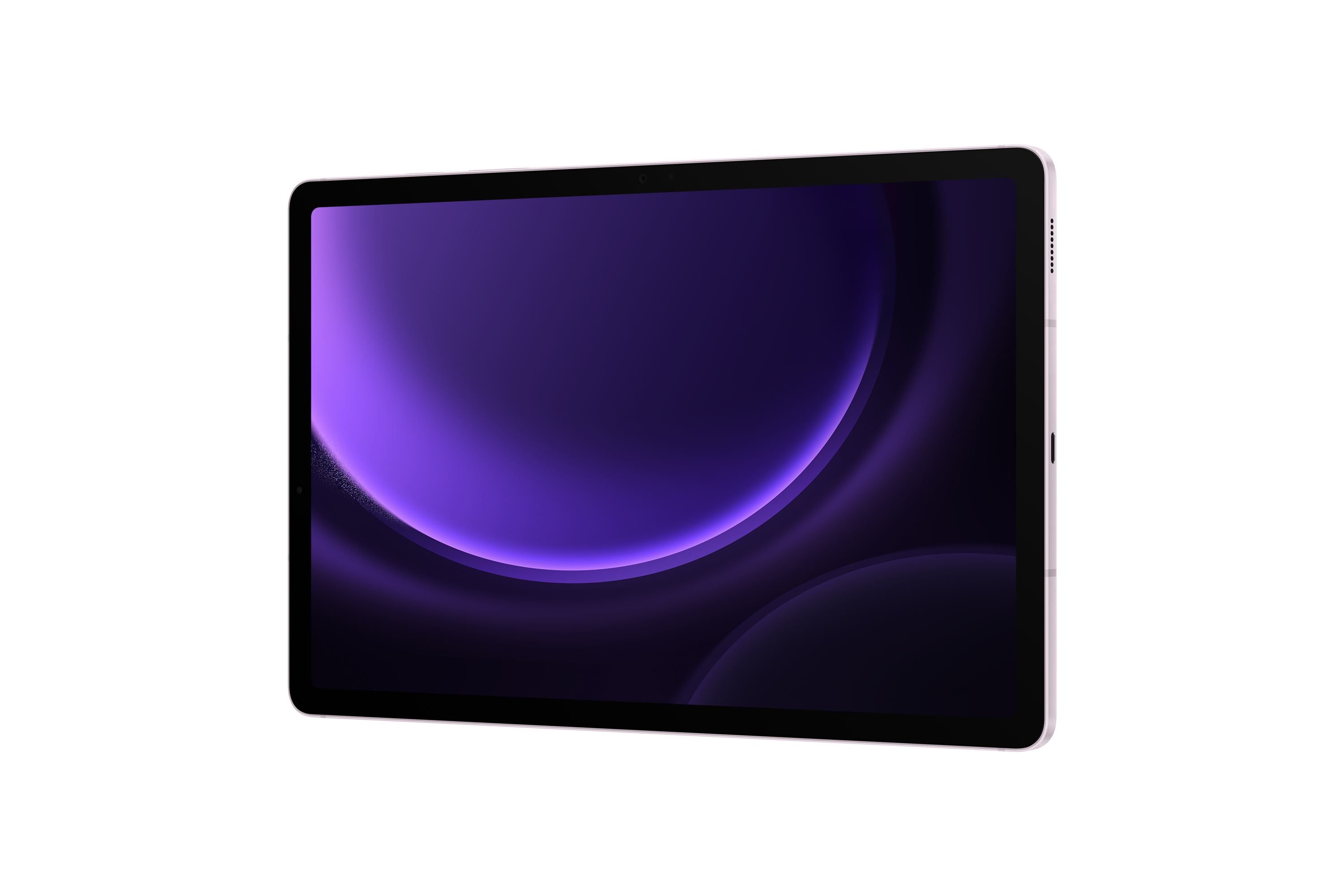 Tablet z fioletową tapetą na czarnym tle.