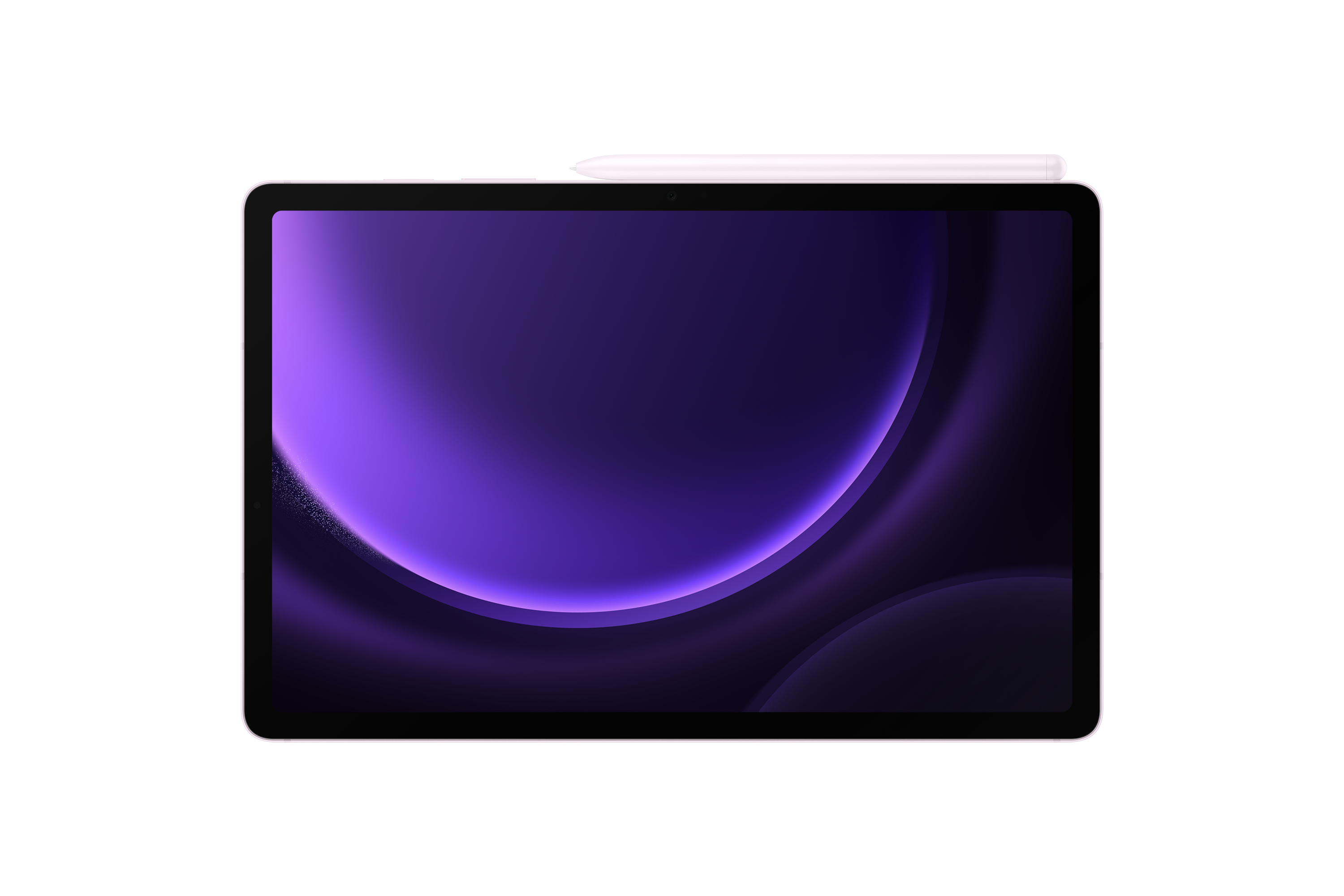 Tablet z fioletowym tłem i białym rysikiem na górze.