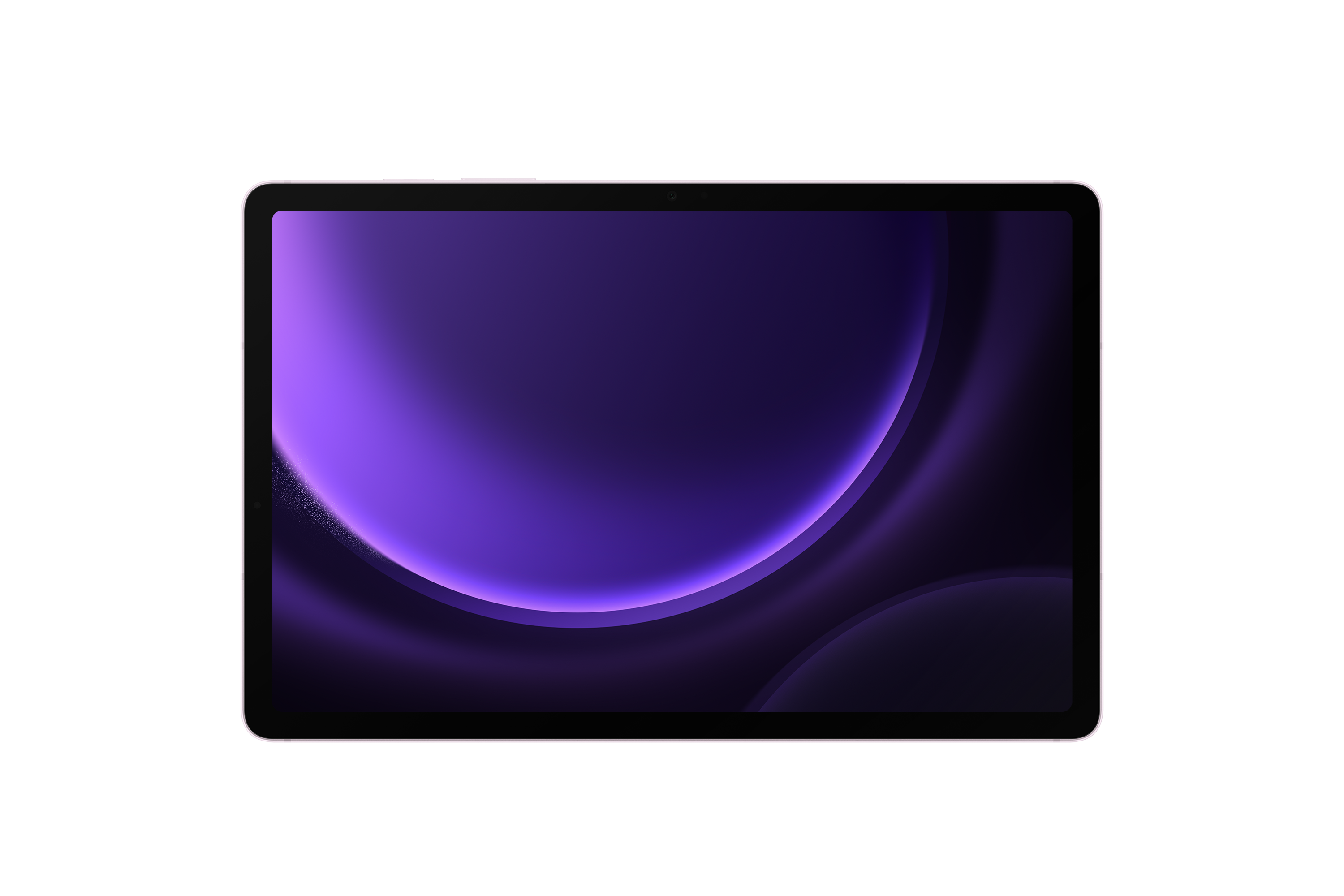 Tablet z fioletowym tłem i świecącymi, zakrzywionymi liniami.