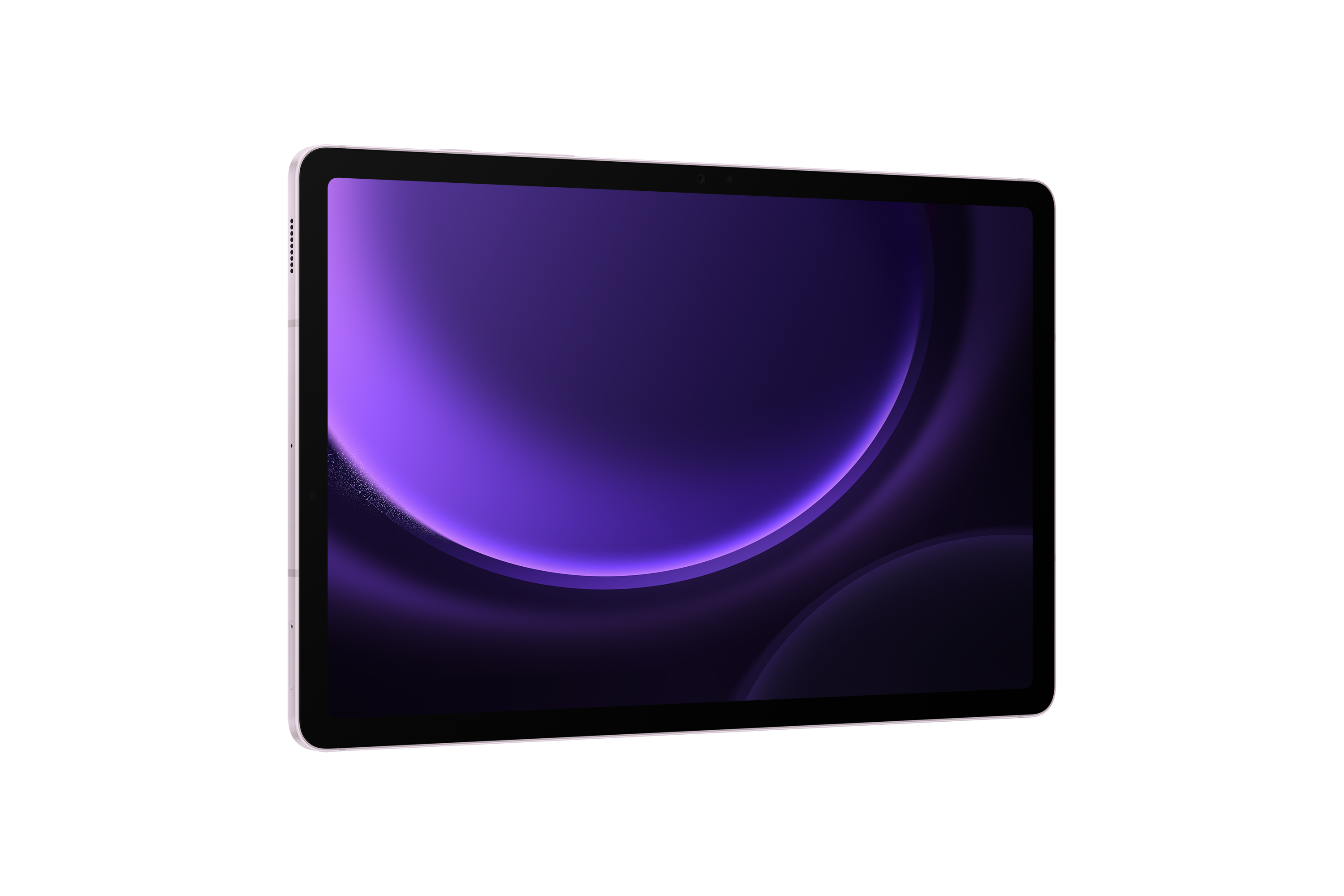 Jasnoróżowy tablet z fioletowym tłem i świecącymi liniami.