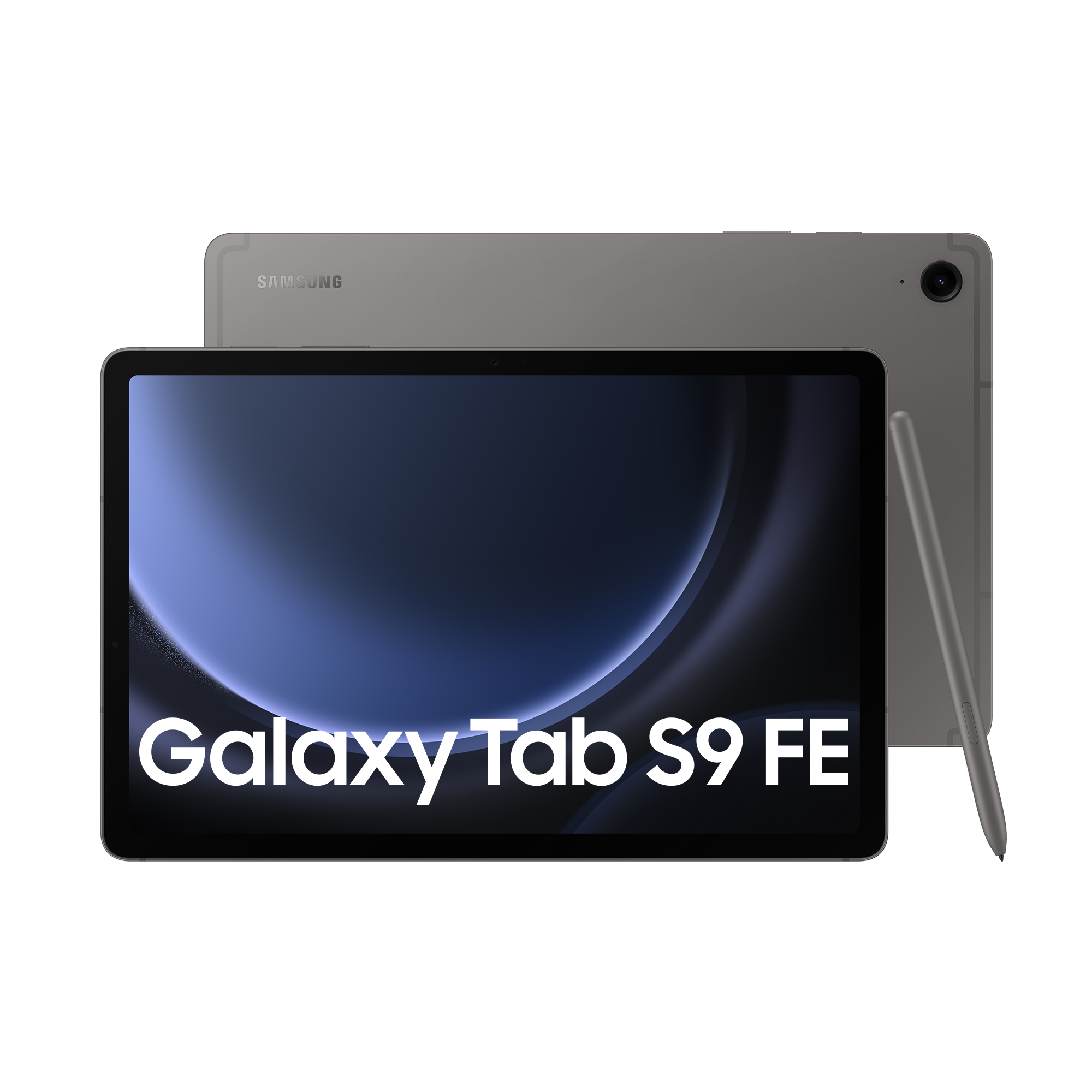 Szary tablet Samsung Galaxy Tab S9 FE ze stylusem, widok z przodu i z tyłu.