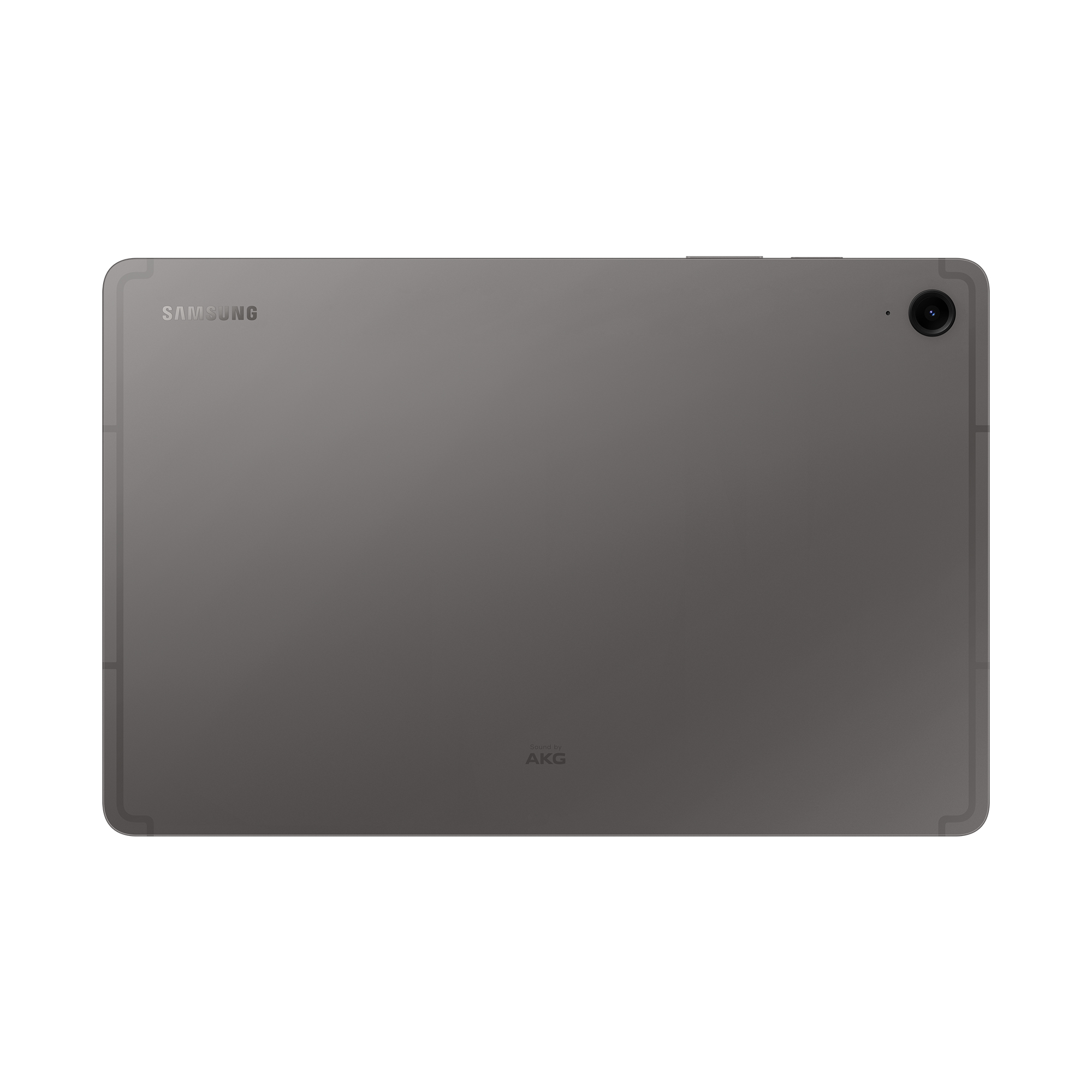 Szary tablet Samsung z aparatem i logo AKG z tyłu.