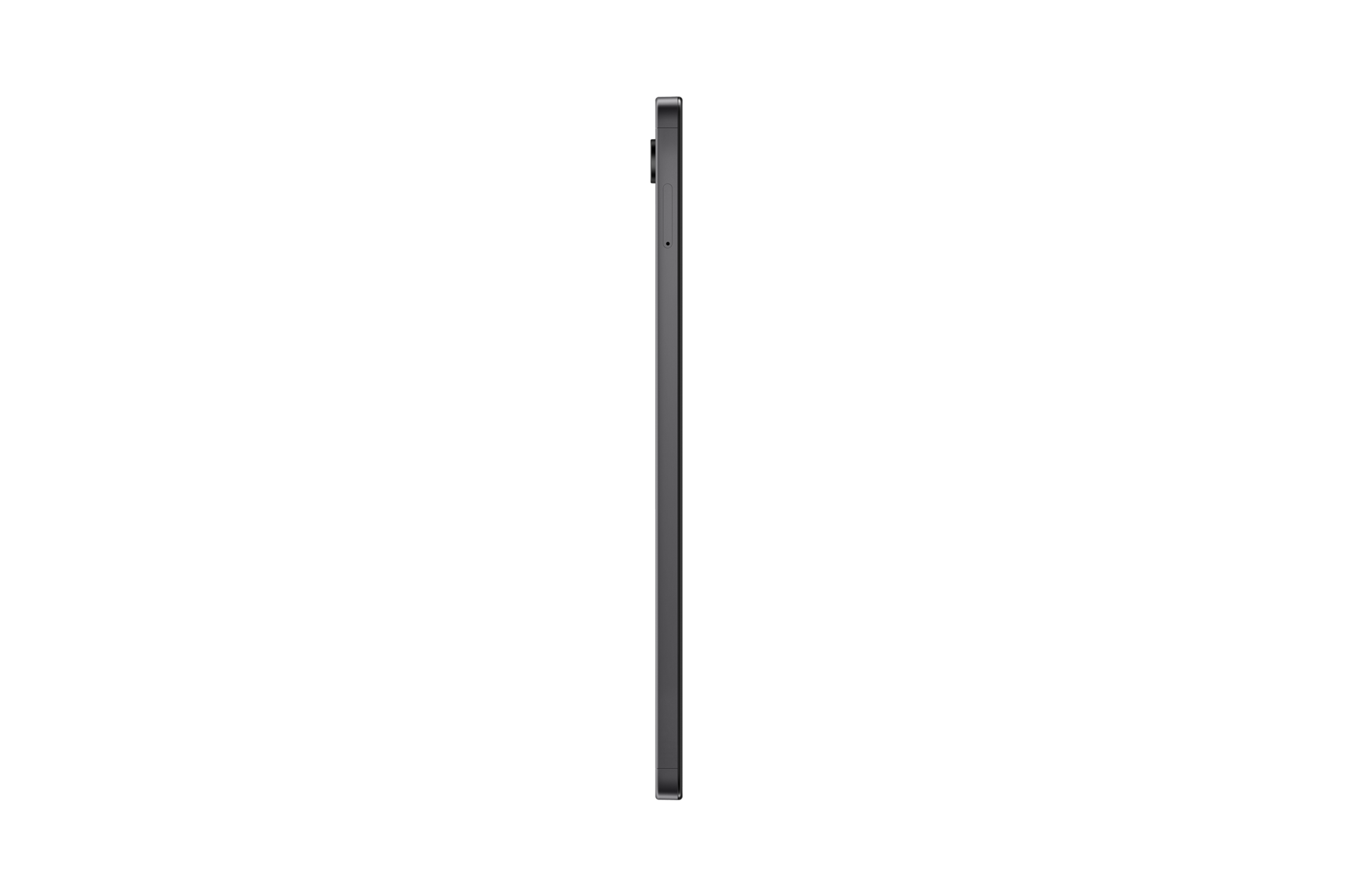 Szary tablet z boku na czarnym tle.
