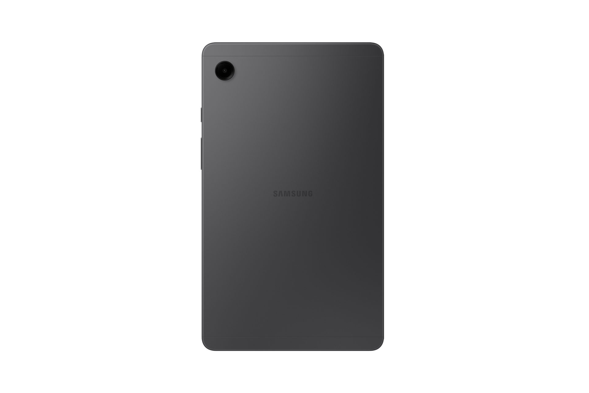 Tył szarego tabletu Samsung z aparatem i logo.