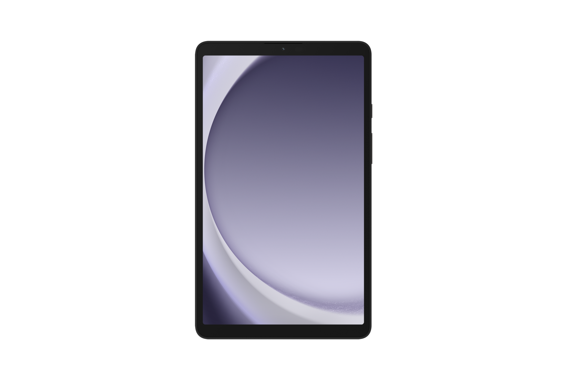 Czarny tablet z fioletowo-białym abstrakcyjnym tłem.