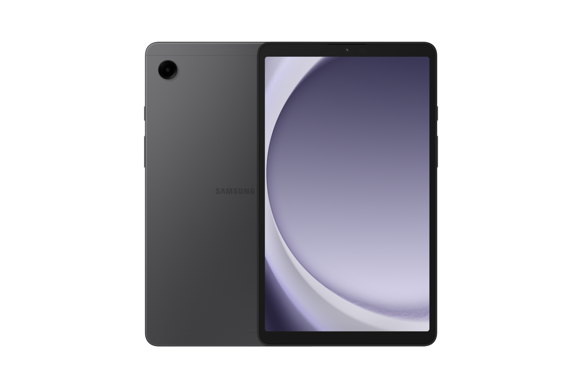 Szary tablet Samsung z tylną kamerą i fioletowym gradientem na ekranie.