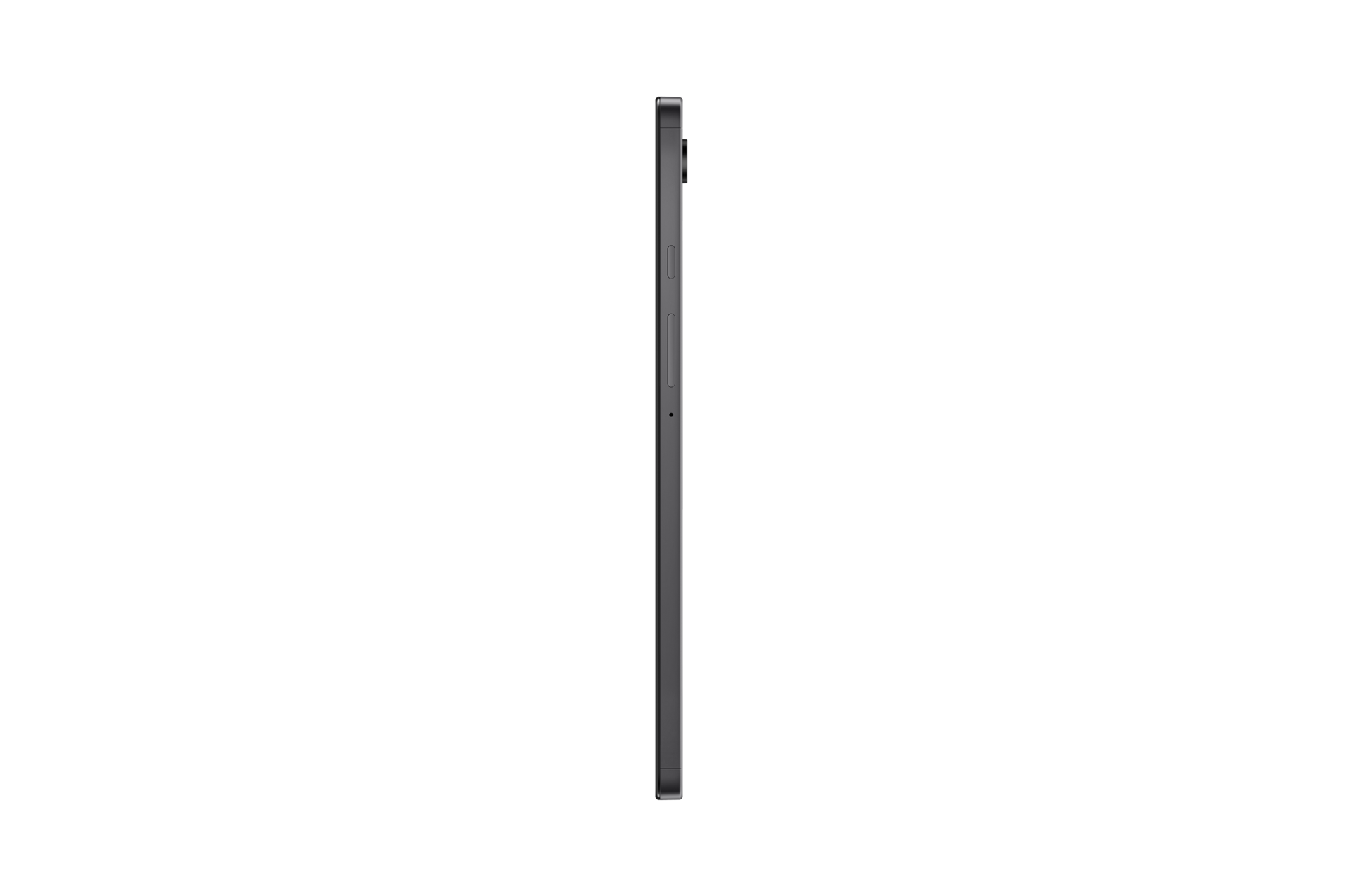 Szary tablet pokazany z boku na czarnym tle.