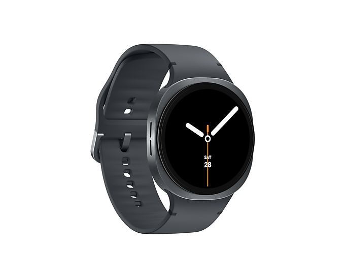 Szary smartwatch z czarną tarczą i białymi wskazówkami.