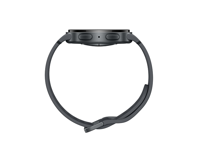 Ciemnoszary smartwatch z paskiem, widok z boku na białym tle.