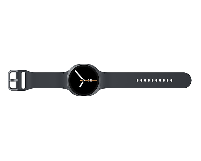 Ciemny smartwatch z tarczą analogową i szarym paskiem.