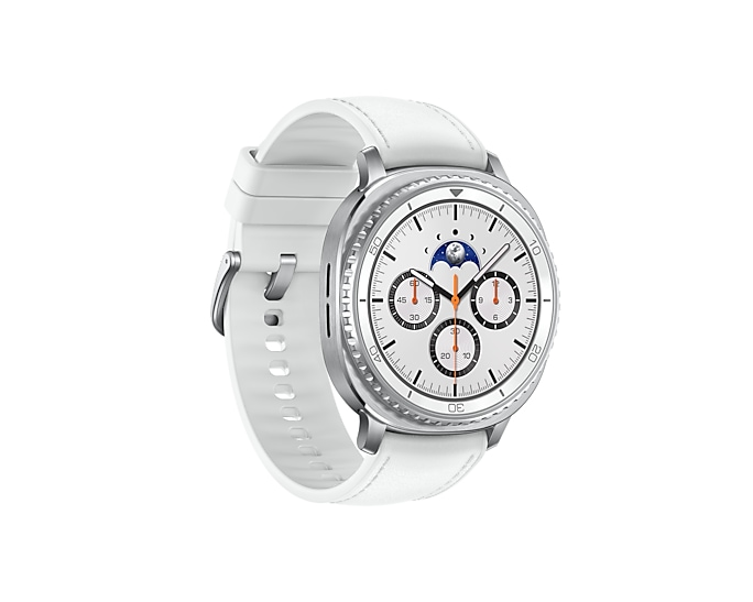 Biały smartwatch ze srebrną kopertą i tarczą ze wskaźnikiem faz księżyca.