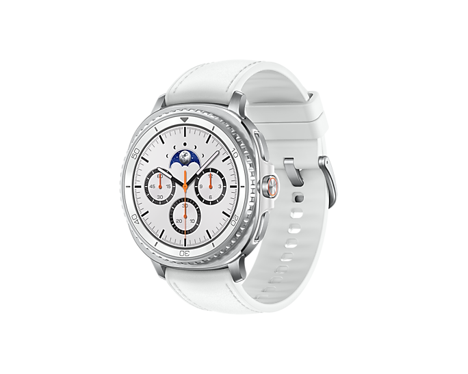 Biały smartwatch ze srebrną kopertą i tarczą faz księżyca.