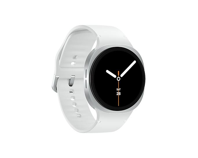 Biały smartwatch z srebrną ramką i czarnym wyświetlaczem cyfrowym.