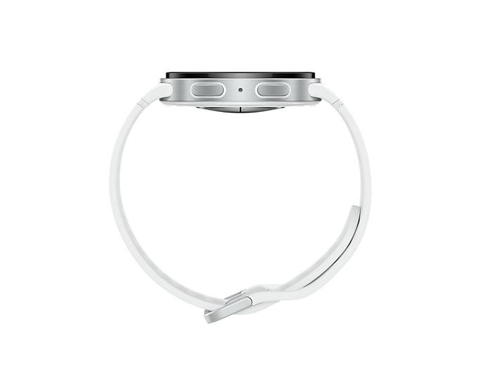 Biały smartwatch ze srebrną kopertą i paskiem, na białym tle.