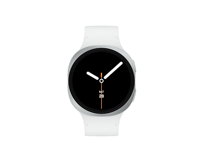 Biały smartwatch z czarną tarczą i srebrną ramką.