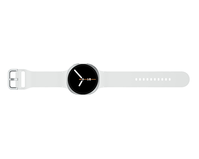 Biały smartwatch z okrągłą tarczą i srebrną klamrą.