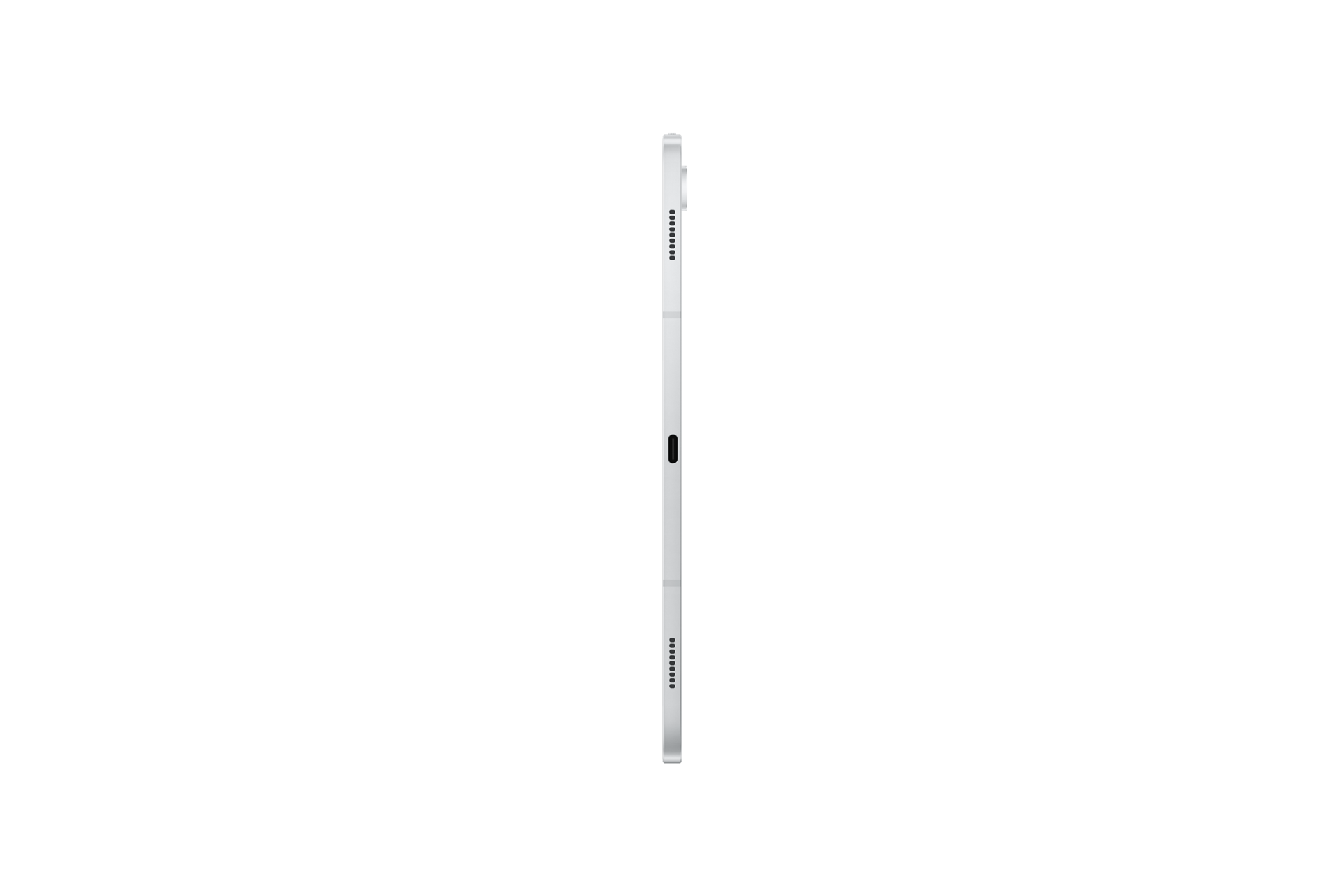 Biały tablet w orientacji pionowej na czarnym tle, widok z boku.