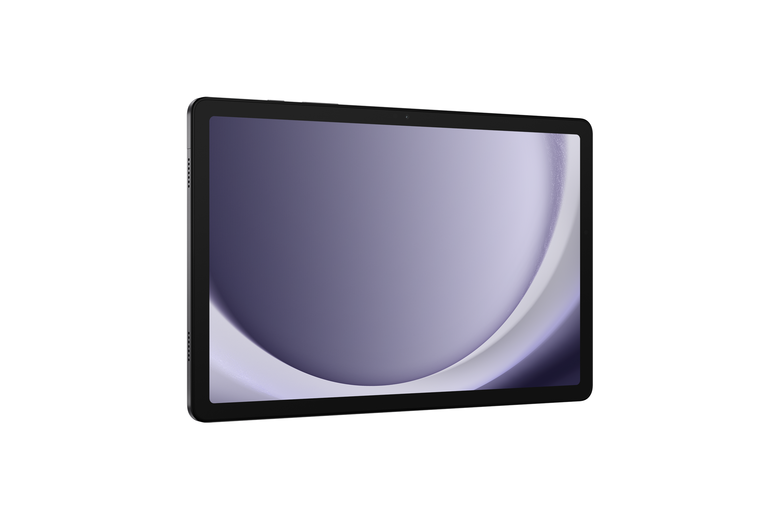 Czarny tablet z fioletową abstrakcyjną tapetą pokazany na czarnym tle.