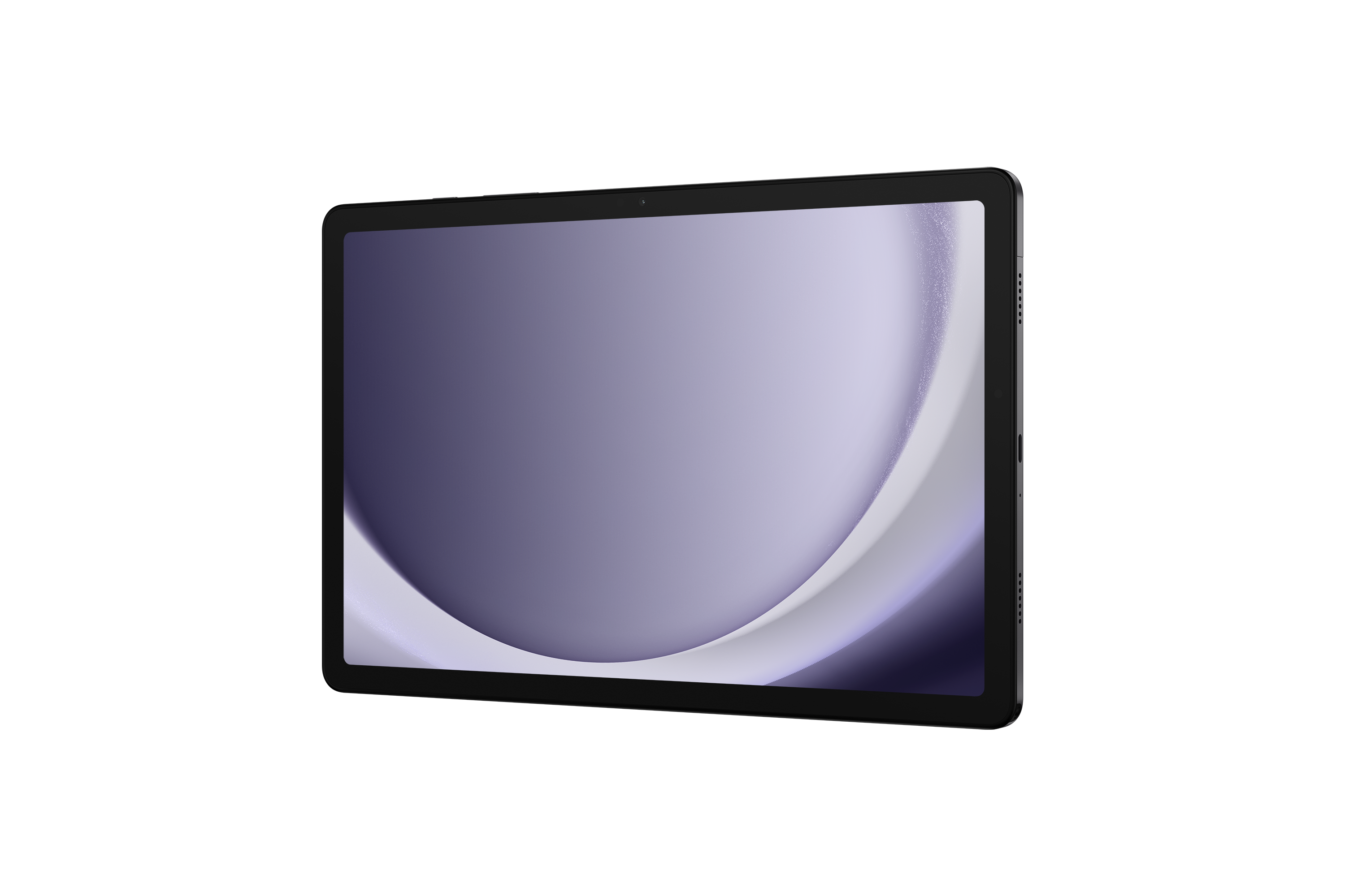 Czarny tablet z fioletowo-białym tłem na ekranie.