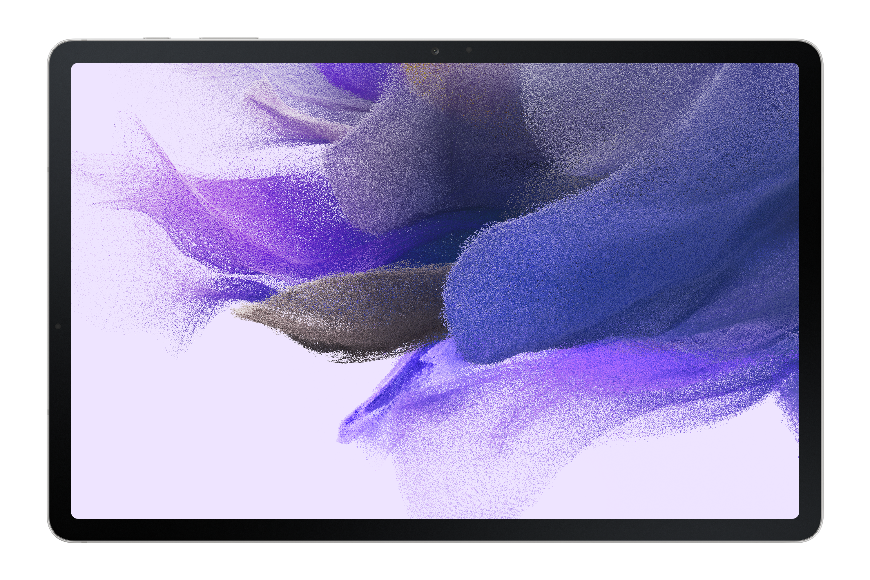 Tablet z abstrakcyjnym fioletowo-szarym tłem.