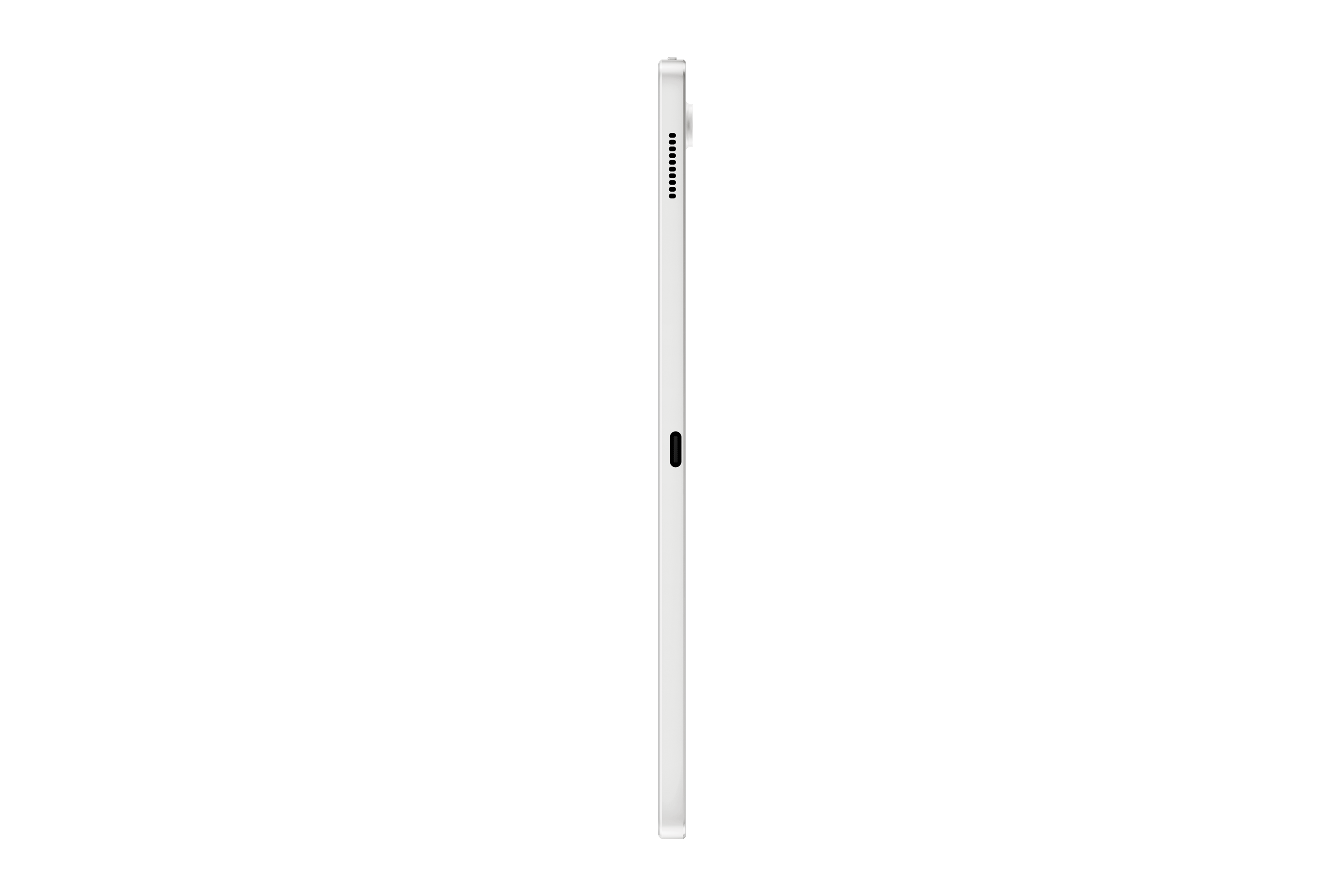 Biały tablet na czarnym tle, widok z boku z portem ładowania.