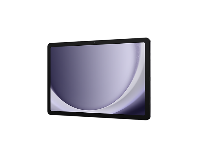 Ciemny tablet wyświetlający fioletowo-biały obraz tła.