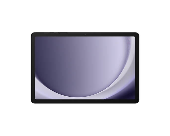 Czarny tablet z fioletowym i białym abstrakcyjnym obrazem tła.