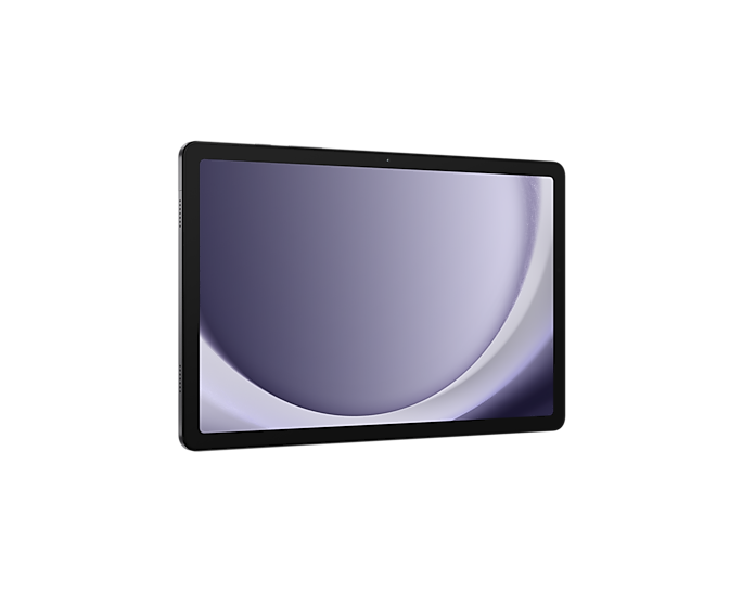 Nowoczesny tablet z elegancką czarną ramką wyświetla fioletowo-białe tło abstrakcyjne.