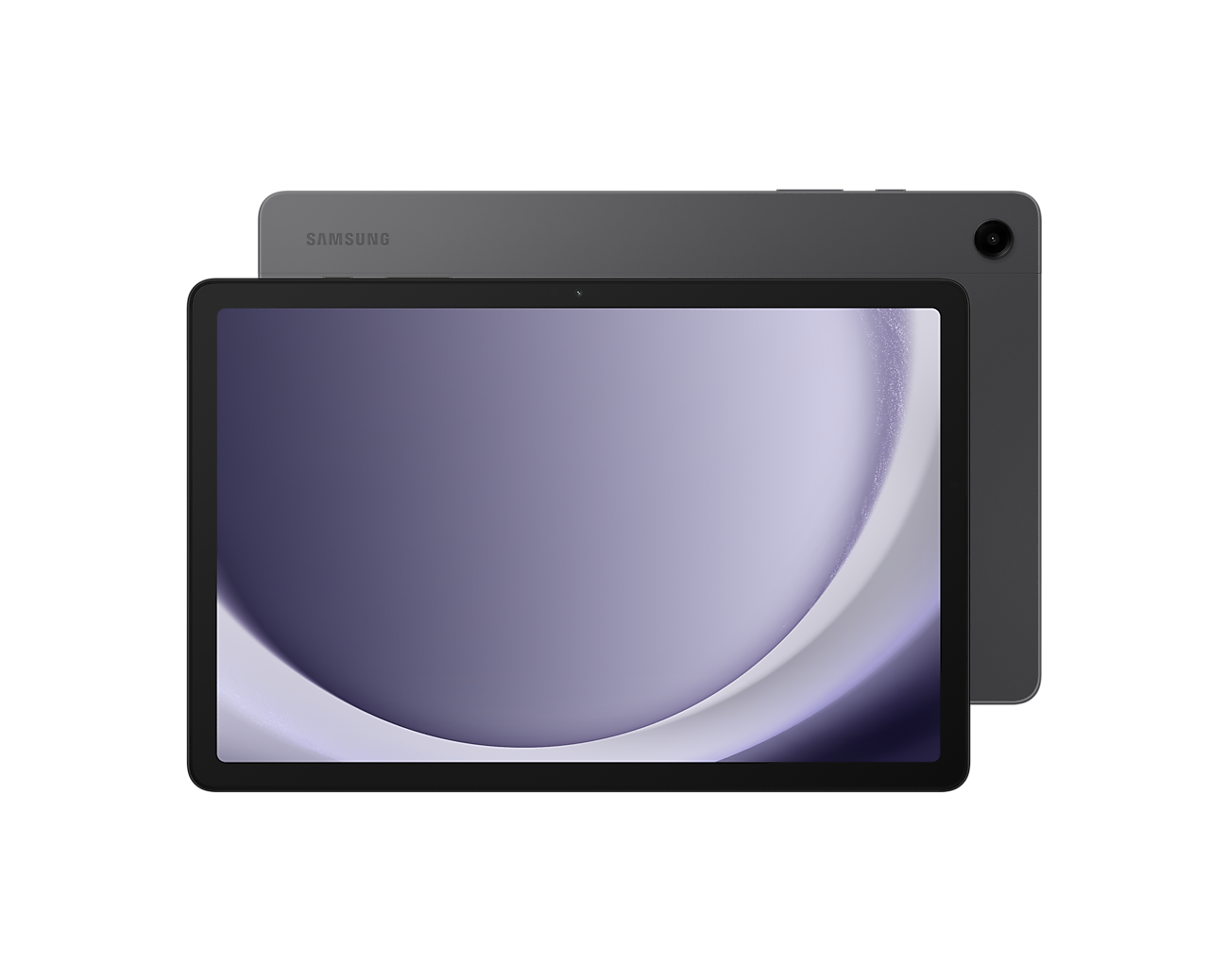 Szary tablet Samsung z fioletowo-białym tłem na ekranie.