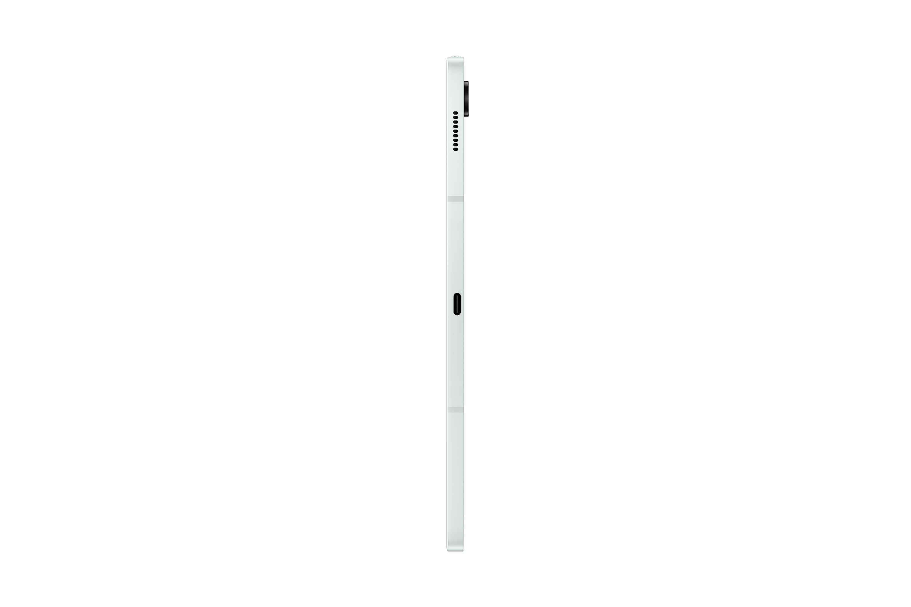 Jasne tablet widziany z boku, z aparatem i portami ładowania.