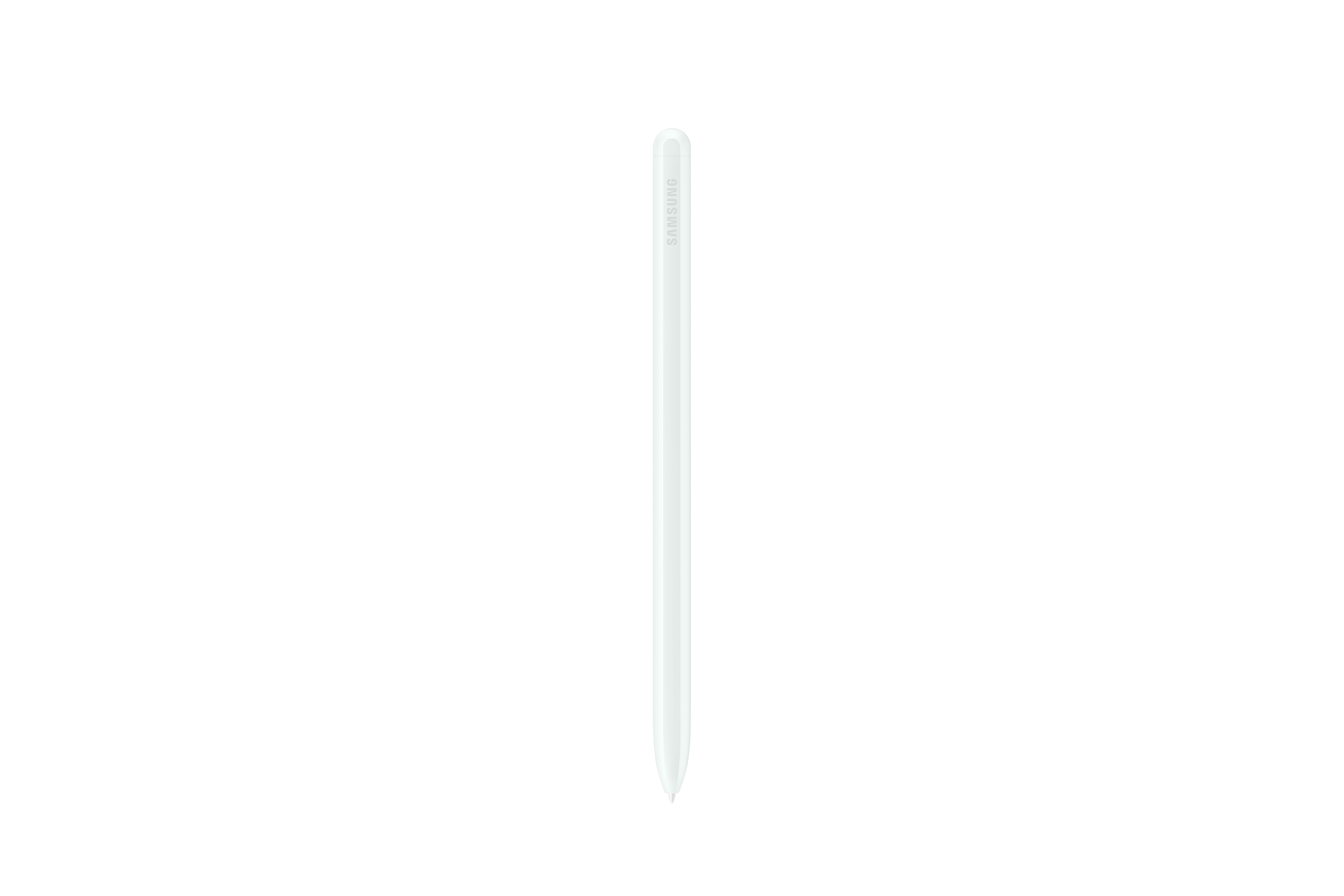 Biały rysik z logo Samsung na czarnym tle.