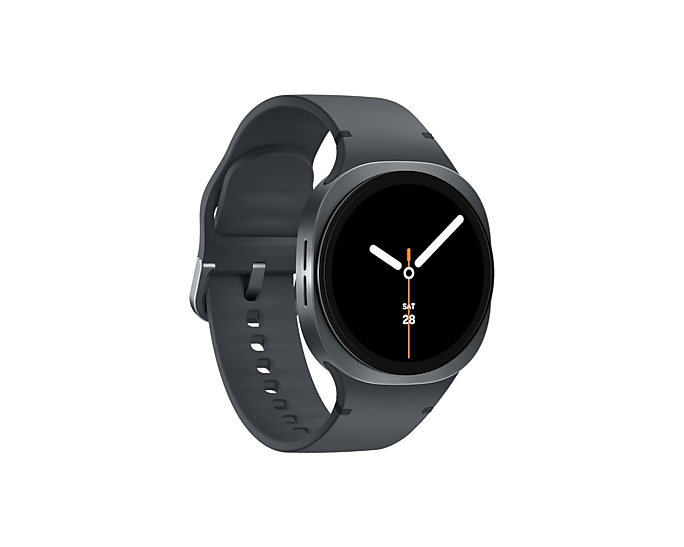 Ciemnoszary smartwatch z czarną tarczą i białymi wskazówkami.