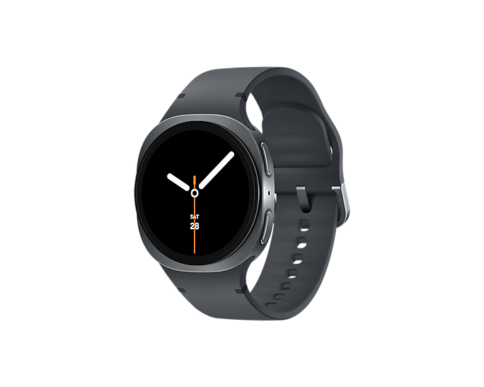 Ciemnoszary smartwatch z czarnym ekranem pokazującym godzinę i datę SOB 28.