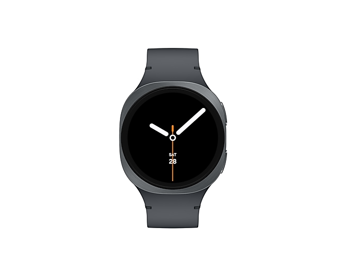 Szary smartwatch z czarną tarczą, białymi wskazówkami i datą 28.