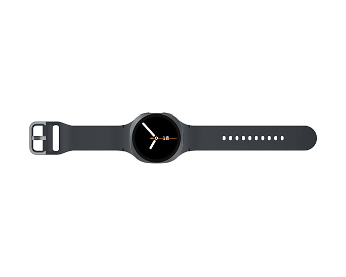 Ciemny smartwatch z szarym paskiem, na białym tle.
