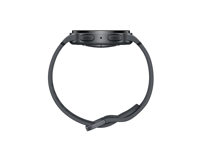 Ciemnoszary smartwatch z ciemnoszarym paskiem, widziany z boku na białym tle.