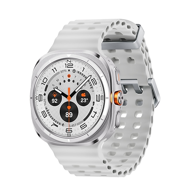 Biały smartwatch z srebrną kopertą i cyfrowym wyświetlaczem.