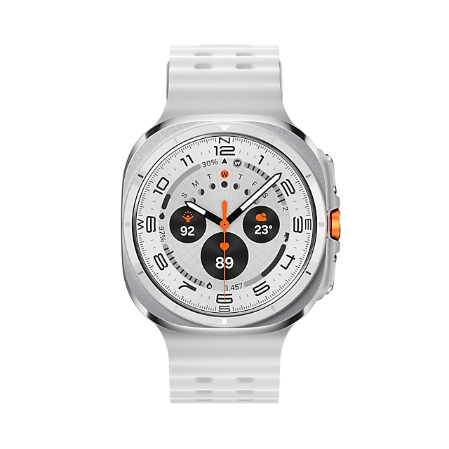 Biały smartwatch z srebrną kopertą i pomarańczowymi akcentami na tarczy.