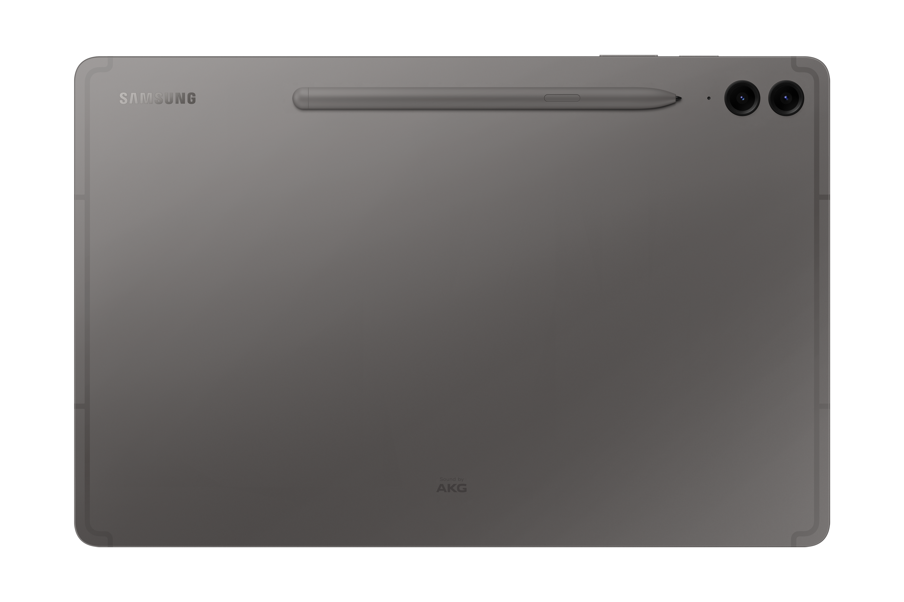 Tył szarego tabletu Samsung ze stylusem i aparatami.