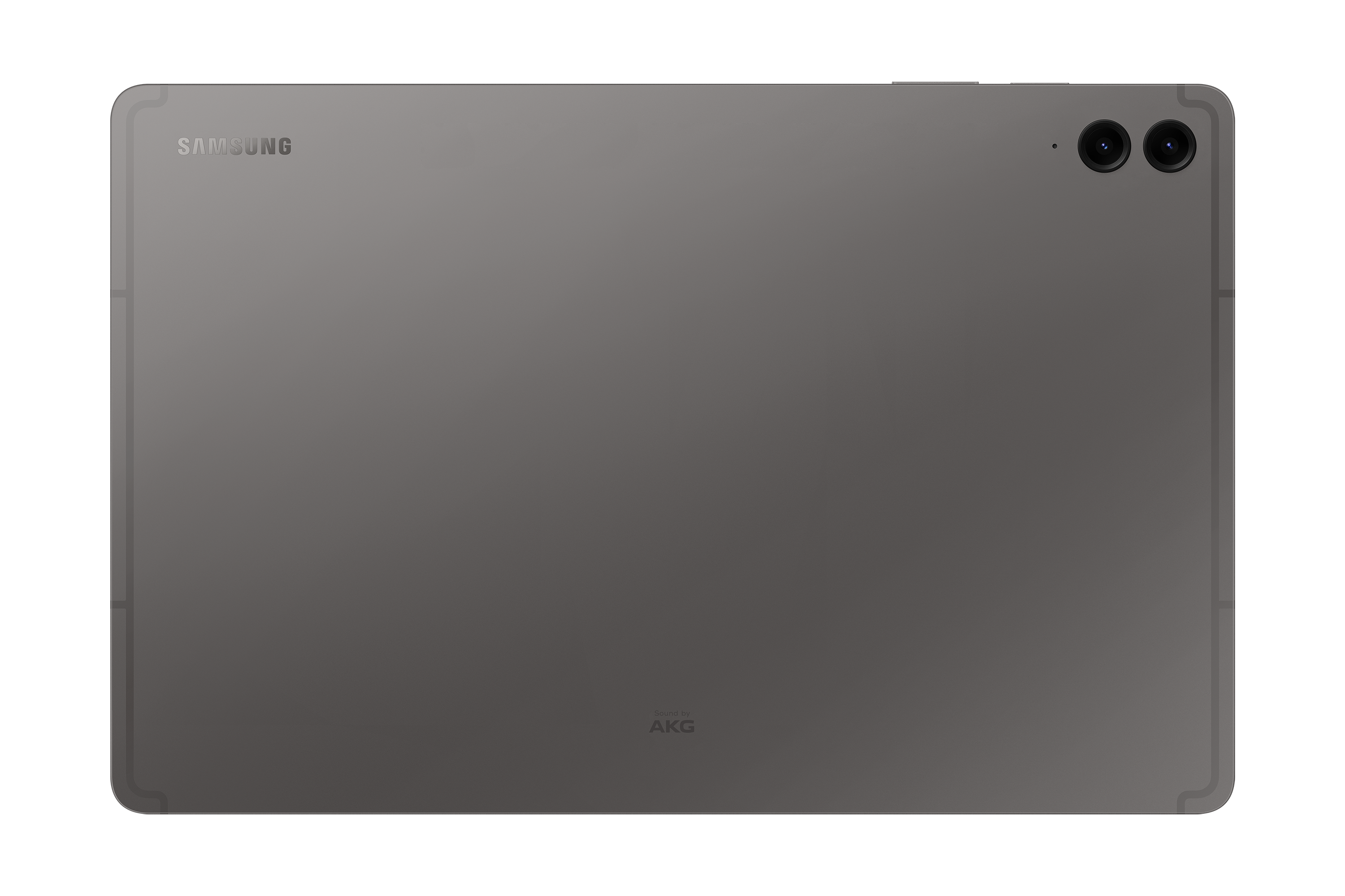 Szary tablet Samsung z dwoma tylnymi aparatami i logo AKG.