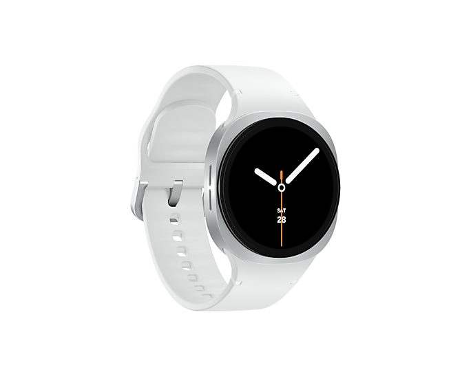 Biały smartwatch z srebrną ramką i czarną tarczą.